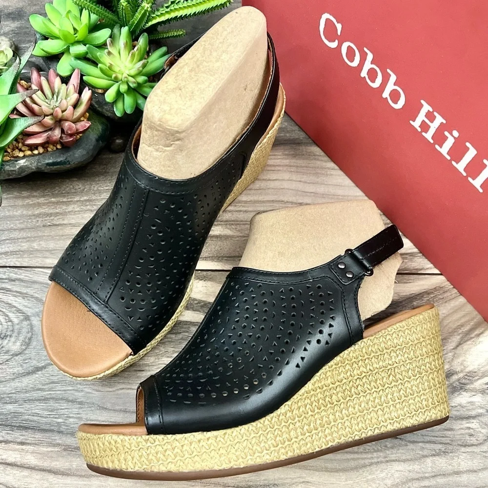 NIB Cobb Hill by Rockport 8W WIDE Erika Slingback Perforated Wedge Sandal Black